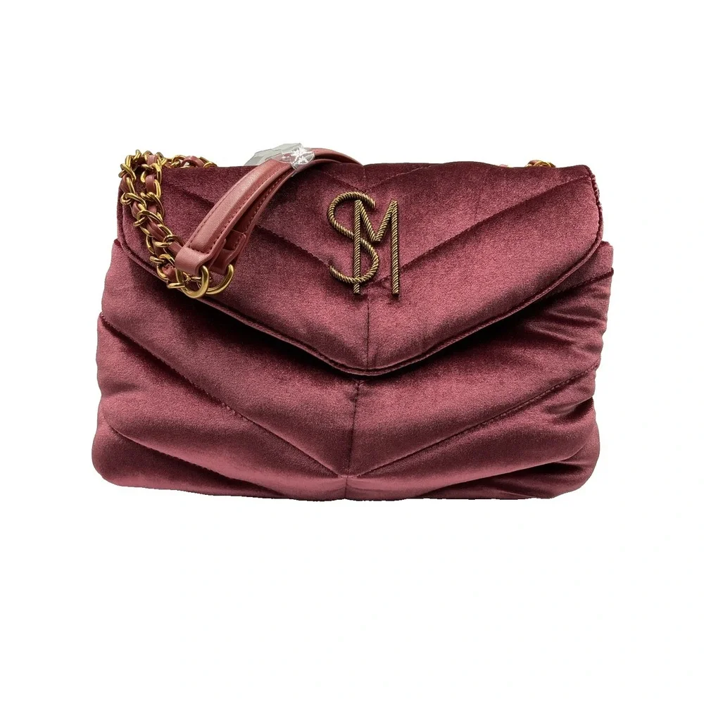 Steve Madden Coleman Velvet Rust Quilted Shoulder Bag Burgundy Chain